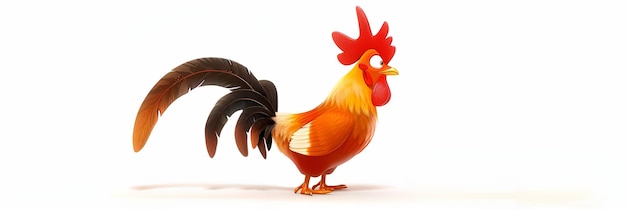 um frango com uma cauda preta está em frente a um fundo branco