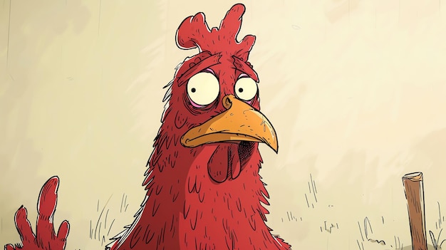 Um frango de desenho animado olhando para a direita com uma expressão preocupada em seu rosto