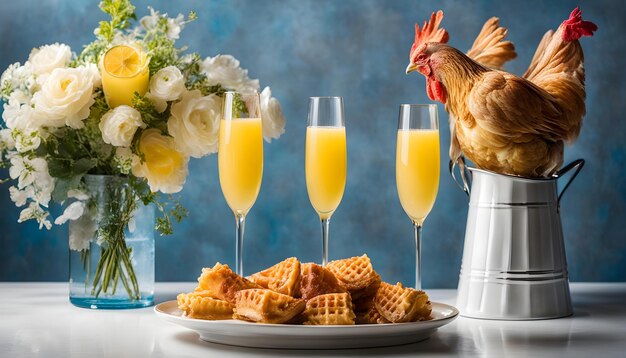 Foto um frango e alguns copos de suco sentados em uma mesa com um vaso de flores