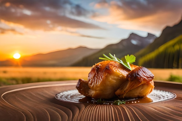 um frango e um pedaço de pão estão em uma mesa em frente a um lago