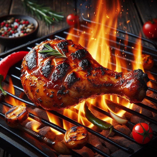 um frango está cozinhando em uma grelha com um fogo no fundo