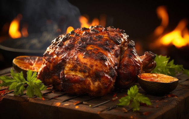 Um frango grelhado em um churrasco com marcas de carvão se formando à medida que cozinha para a perfeição