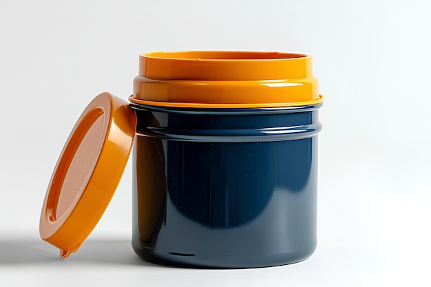 Um frasco azul e laranja com uma tampa em um fundo branco com uma sombra de uma pessoa de pé na frente