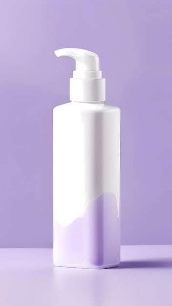Um frasco branco de loção em cima de uma superfície roxa