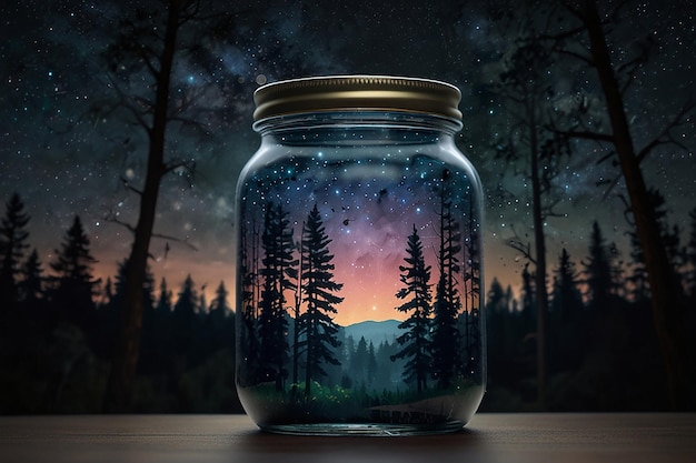 Um frasco cheio de pinturas de floresta e céu cheio de estrelas.