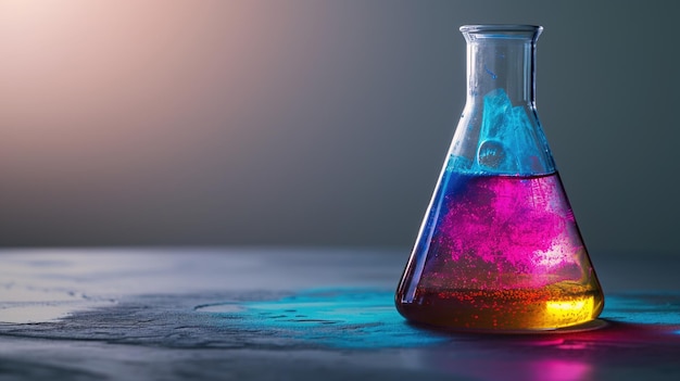 Um frasco com reação química colorida em uma mesa