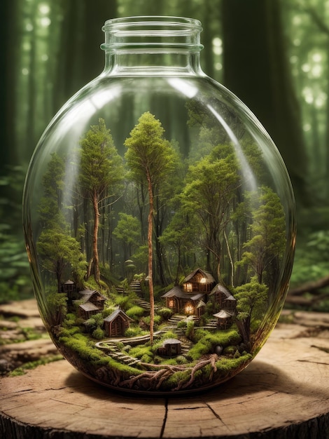 Um frasco com uma cena de floresta dentro e uma cena de floresta no fundo.