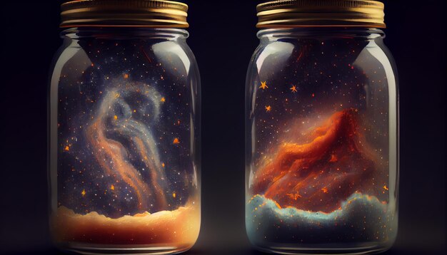 Foto um frasco com uma pintura do universo e as estrelas dentro.