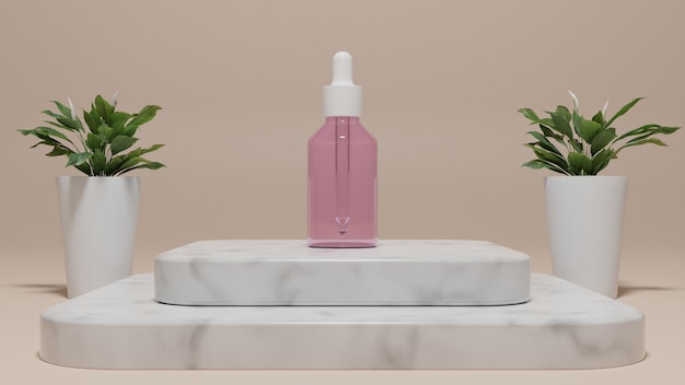 Um frasco cor-de-rosa de serum pestanas está sobre uma mesa de mármore.