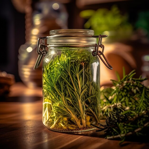 Um frasco de alecrim está em uma mesa com uma planta nele.