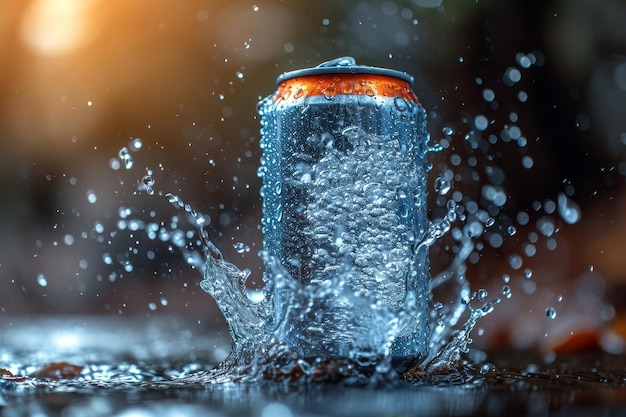 Foto um frasco de bebidas de alumínio para o seu anúncio com salpicos e gotas de água