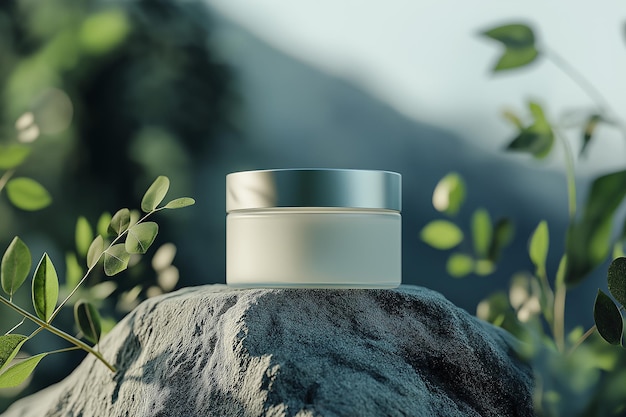Um frasco de creme cosmético em cima de uma rocha em um cenário natural
