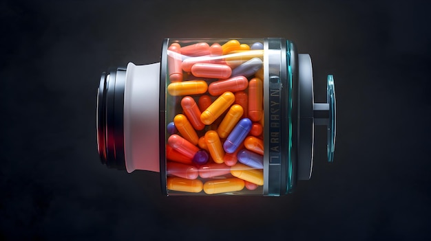 Foto um frasco de farmácia cheio de comprimidos vibrantes