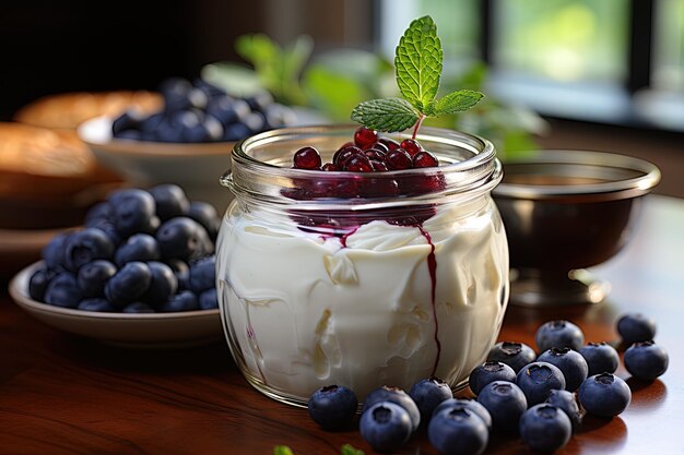 Foto um frasco de iogurte com mirtilos e um frasco de iogurte