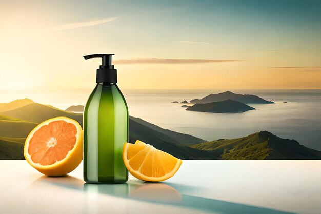 Foto um frasco de loção corporal laranja com vista para uma montanha ao fundo.