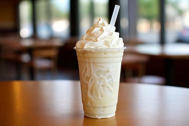 Um frasco de maçonaria com batido de baunilha e xarope de chocolate, creme batido e banana.