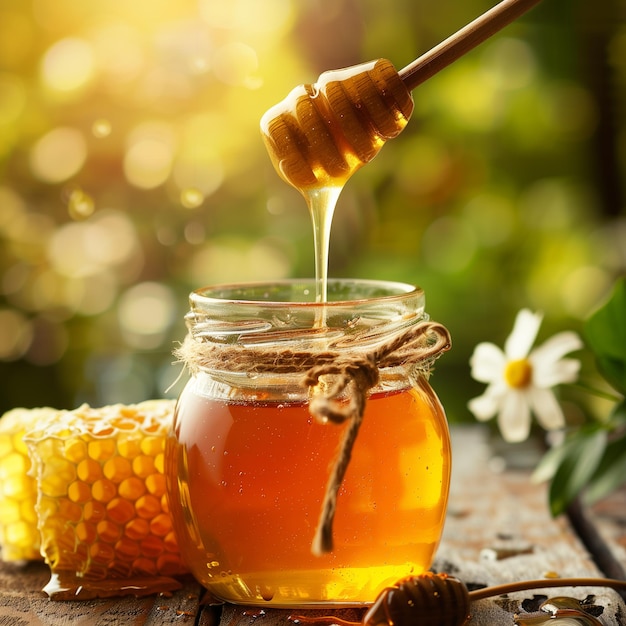 Um frasco de mel com mel gotejando e uma colmeia ao lado