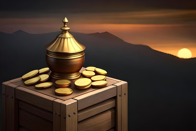 um frasco de moedas de ouro de dinheiro está em uma mesa com um fundo escuro