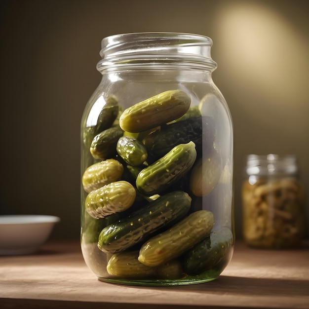 um frasco de pepinos sentado em uma mesa com uma tigela de amendoins