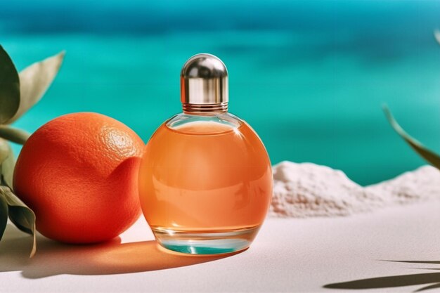 Um frasco de perfume ao lado de uma laranja ao lado de um frasco de perfume.