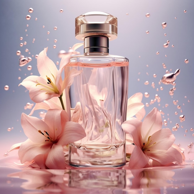 um frasco de perfume com flores ao fundo.