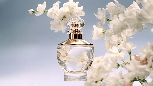 Um frasco de perfume com flores ao fundo
