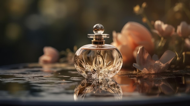 Um frasco de perfume com flores ao fundo