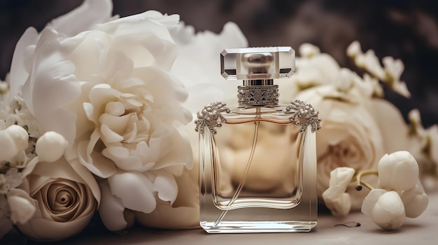 Um frasco de perfume com flores na mesa