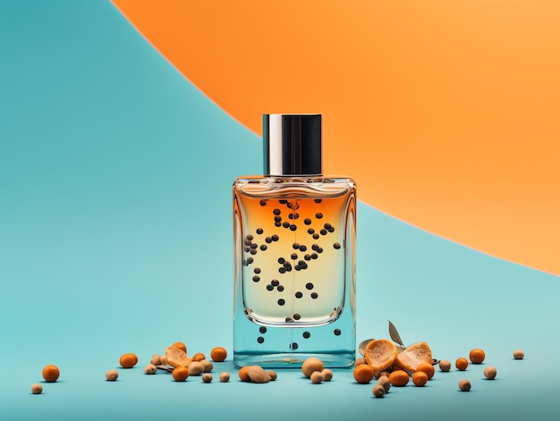 Um frasco de perfume com fundo azul e laranja