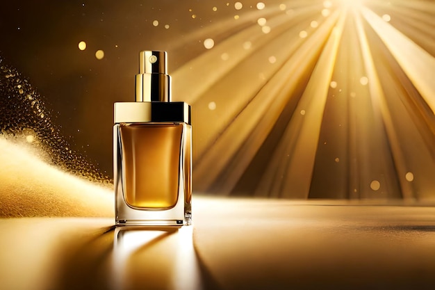 Um frasco de perfume com fundo dourado