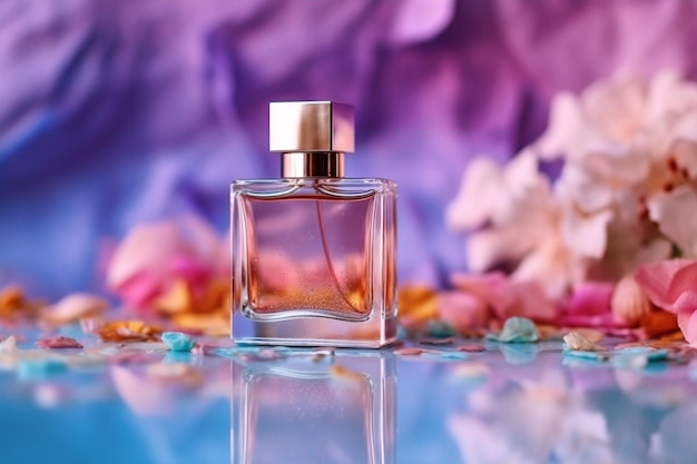 Um frasco de perfume com fundo rosa e uma flor rosa.