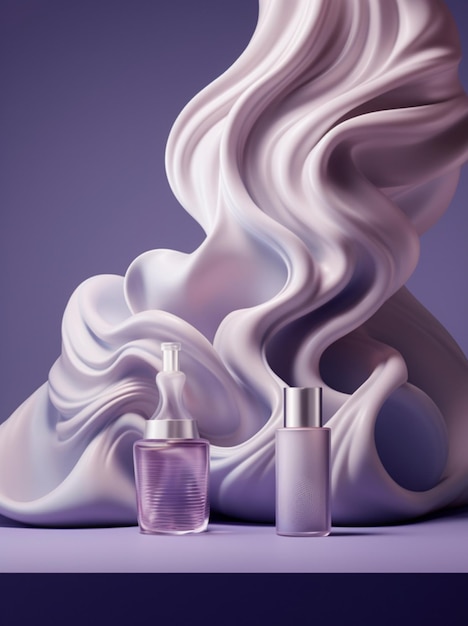 um frasco de perfume com fundo roxo.