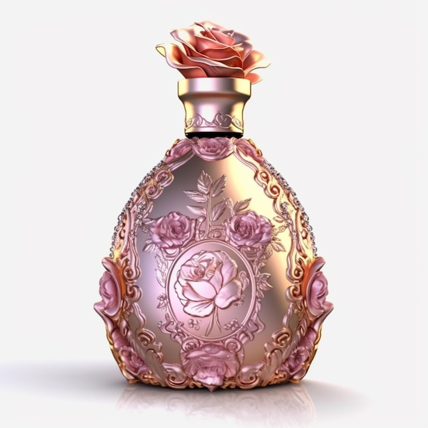 Um frasco de perfume com um desenho de rosa na frente.