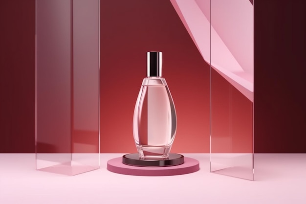 Um frasco de perfume com um fundo rosa e a palavra perfume nele.