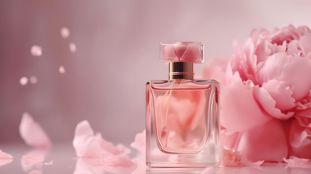 Um frasco de perfume com um fundo rosa