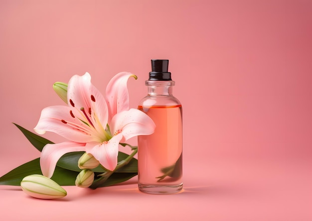 Foto um frasco de perfume com um lírio rosa em um fundo rosa