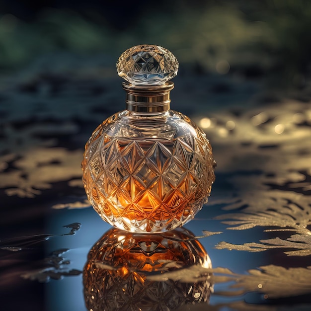 Um frasco de perfume com um padrão de folha de ouro na lateral.