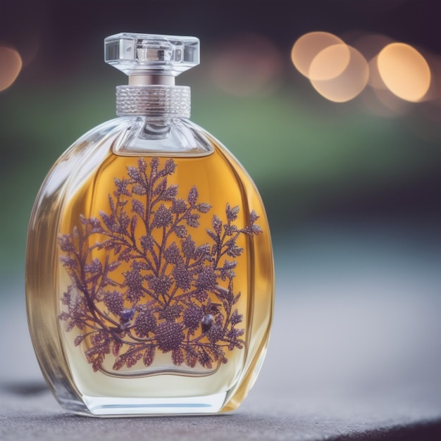 um frasco de perfume com um padrão floral no topo.