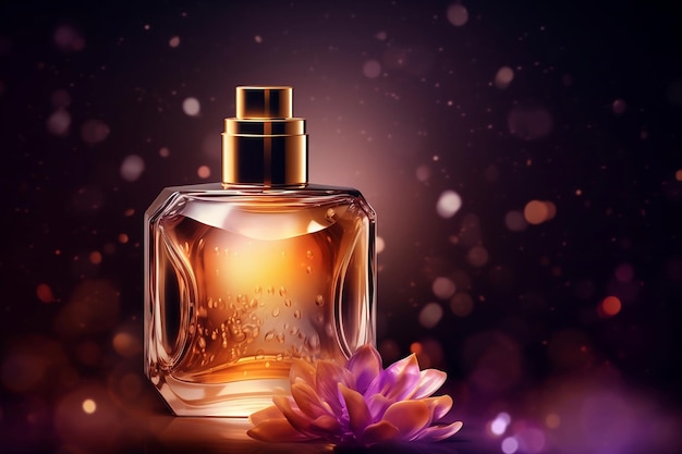 Um frasco de perfume com uma flor ao fundo