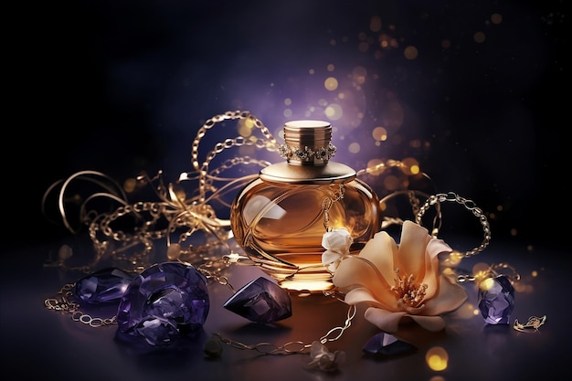 Um frasco de perfume com uma flor ao lado