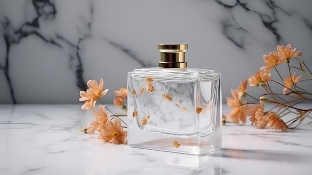 Um frasco de perfume com uma flor ao lado