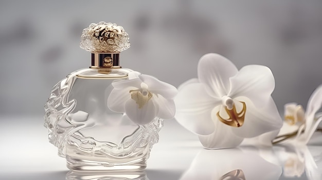 Um frasco de perfume com uma flor ao lado