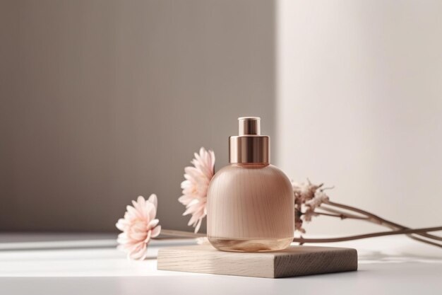 Um frasco de perfume com uma flor ao lado.