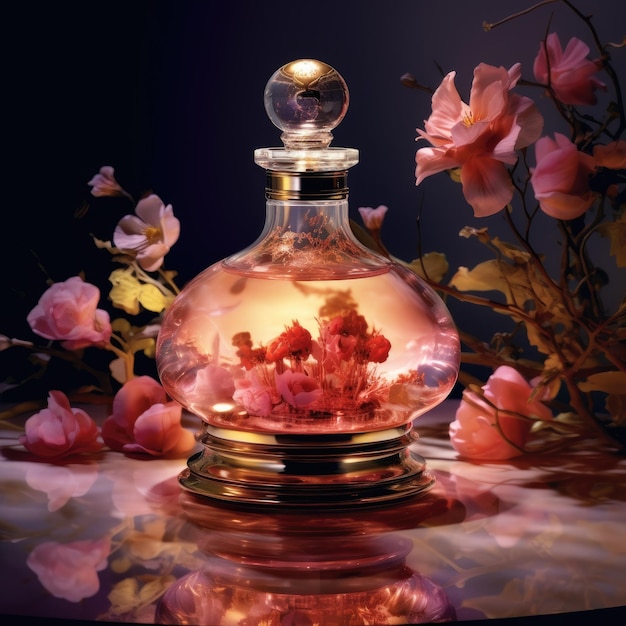 Um frasco de perfume com uma flor no meio