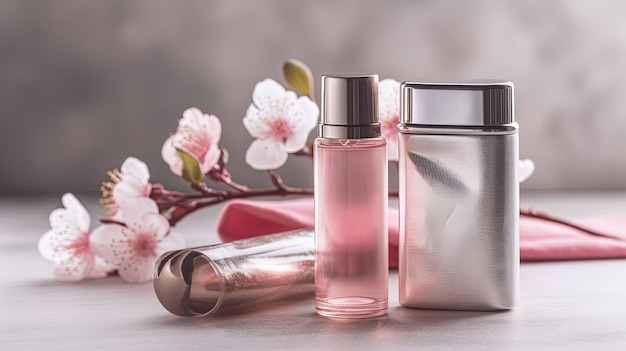 Um frasco de perfume com uma flor rosa ao lado