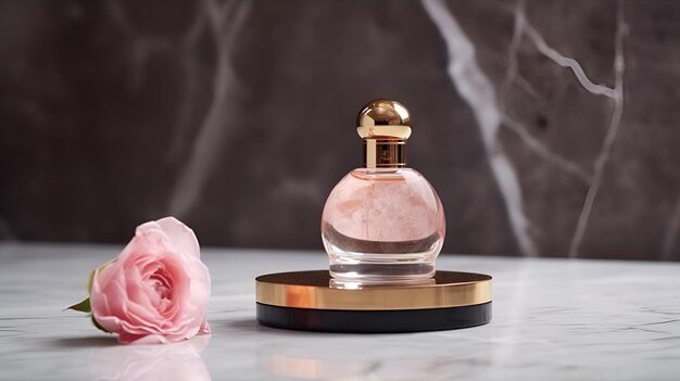 Um frasco de perfume com uma flor rosa no topo