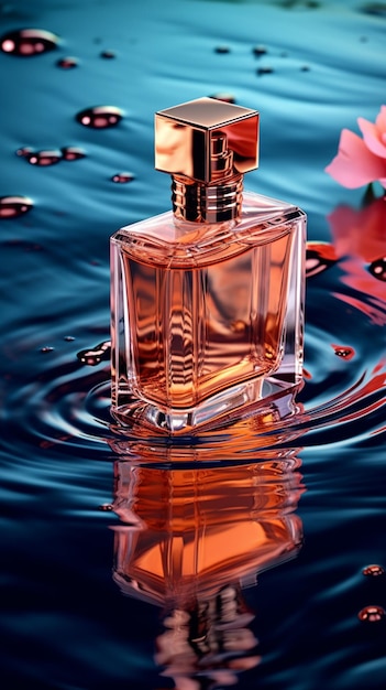 Um frasco de perfume com uma flor rosa no topo