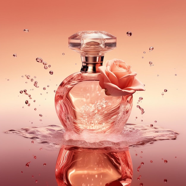um frasco de perfume com uma rosa no meio.