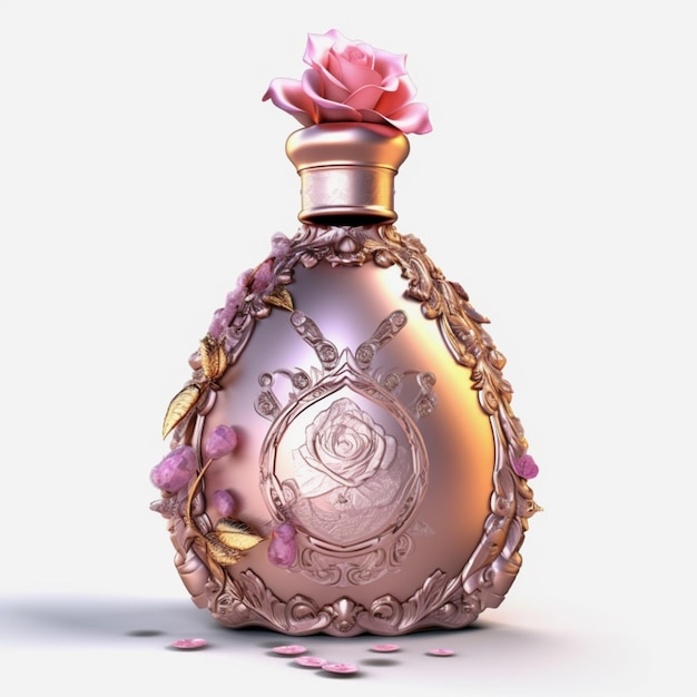 Um frasco de perfume com uma rosa no topo