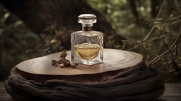 Um frasco de perfume com uma tábua de madeira ao fundo
